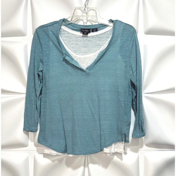 Nicole Miller Sz XS 100% Linen Burnout Blue White Layered Top - Picture 2 of 5